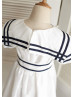 Ivory Navy Blue Stripe Taffeta Knee Length Flower Girl Dress 